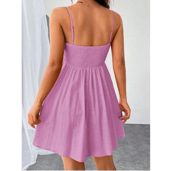 🩵 square neck shirred bust spaghetti strap boho mini dress red - Picture 3 of 3